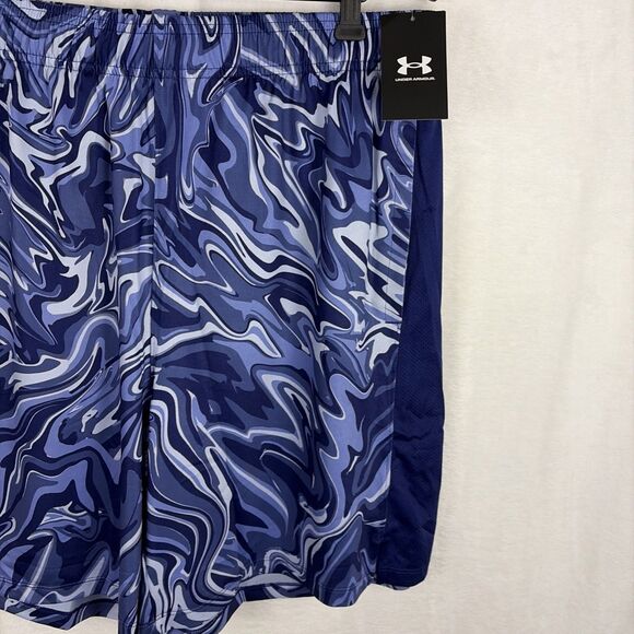 Under Armour UA Blue Wavy Print Poly Elastane Running Shorts Mens XL NWT - Picture 3 of 6